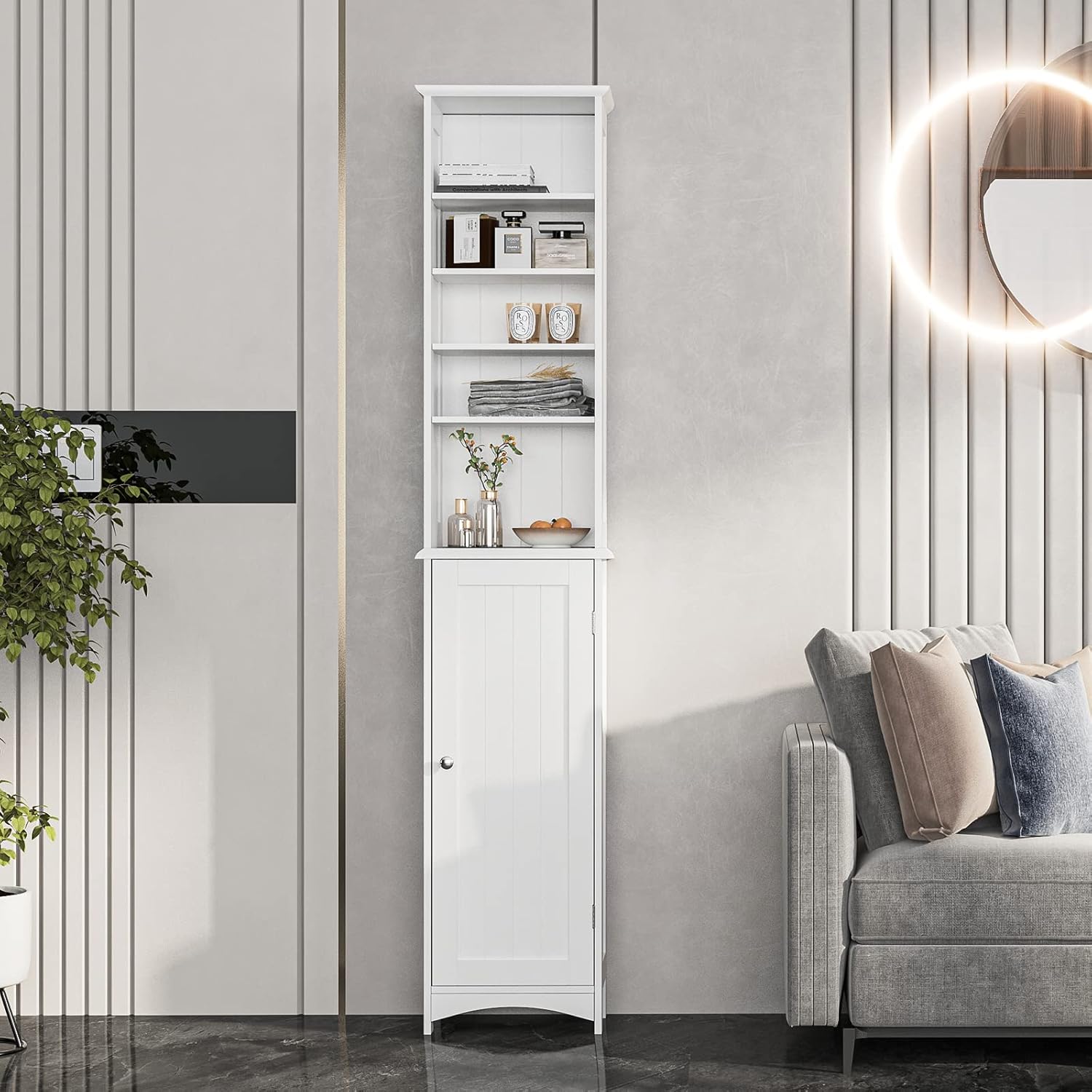 SogesHome Bathroom Storage Cabinet, 5-Tier Freestanding Tall Bathroom Cabinet with 1-Door Cabinet, Home Organizer Display Cabinet with 5-Open Shelves for Bathroom, Living-Room