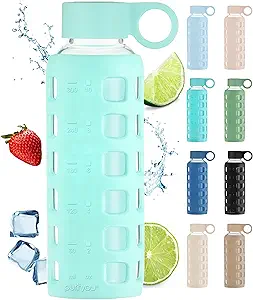 purifyou 40/32/22/12 oz Glass Water Bottles, Reusable with Time & Volume Markings, Non-Slip Silicone Sleeve, Stainless Steel Lid, for Water, Milk & Juice (12oz FrostedMist)