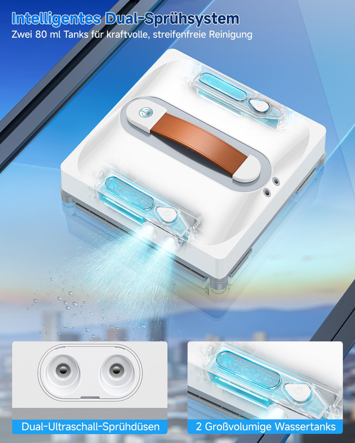 Fensterputzroboter 6500 Pa, Fensterreinigungsroboter mit 2-Fach-Sprühsystem, intelligenter Routenplanung, 80-ml-Wassertank, 8-stufigem Sicherheitssystem und Randerkennung, für Innen- und Außenfenster