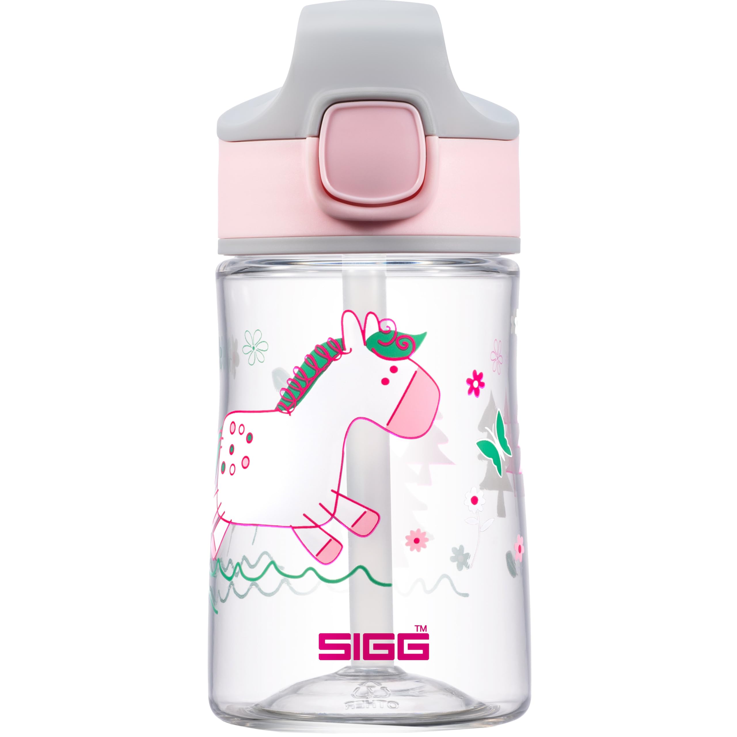 Sigg - Aluminium Kids Water Bottle - Miracle Pony Friend - With Straw - Leakproof - Lightweight - BPA Free - Scratch & Break Resistant - School & Sports - Light Pink - 0.35L