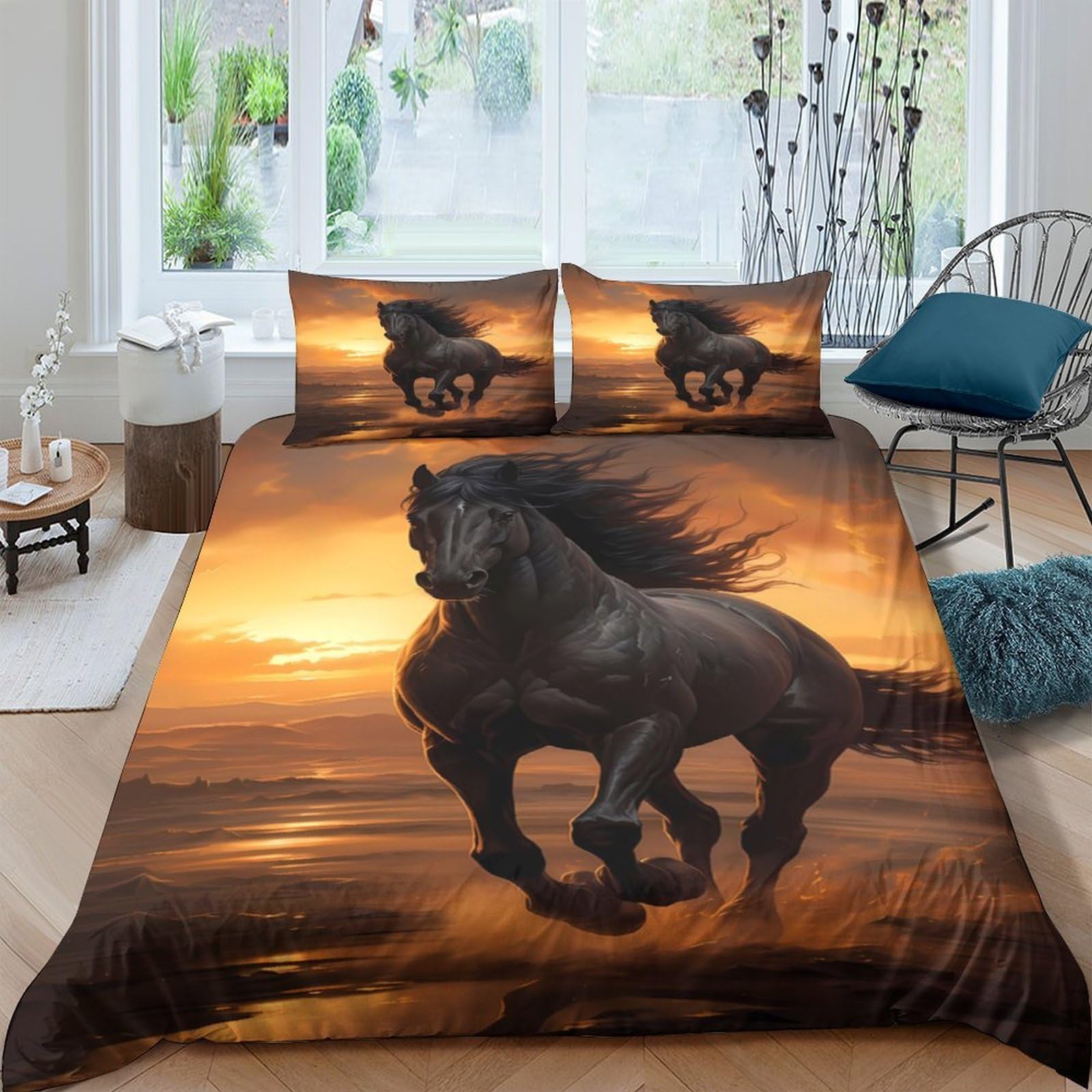 GPLZQXKJNH 3D Printed Sunset Black Horse Duvet Cover Microfiber Soft Breathable Wild Stallion Bedding Set with 2 Pillowcases for Bedroom Decor Single（135x200cm）