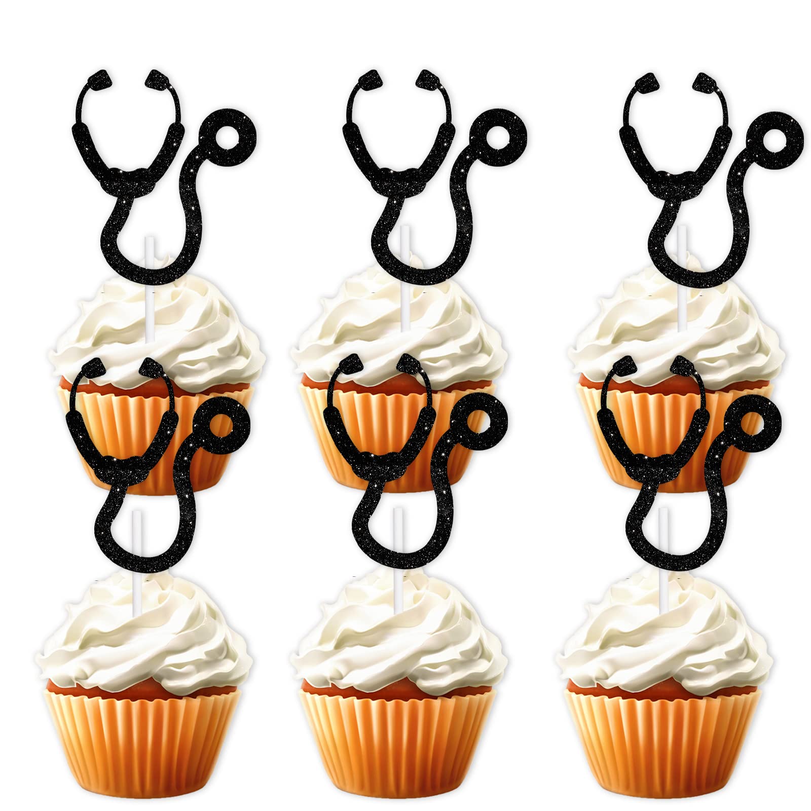 18pcs Black Glitter Doctor's Stethoscope Dessert Cupcake Medical College Graduate Theme Decorations Boy Girl Happy Birthday Party Decor Supplies