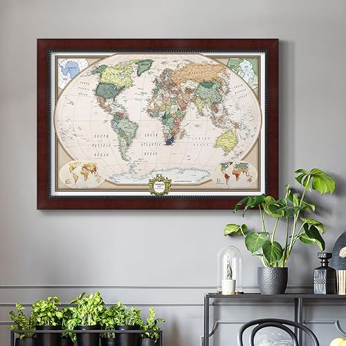 Miniatura 2 de Renditions Gallery Arte de pared de mapa del mundo colorido en lienzo con marco de caoba, mapa de viaje para colgar en la pared con pines de presión