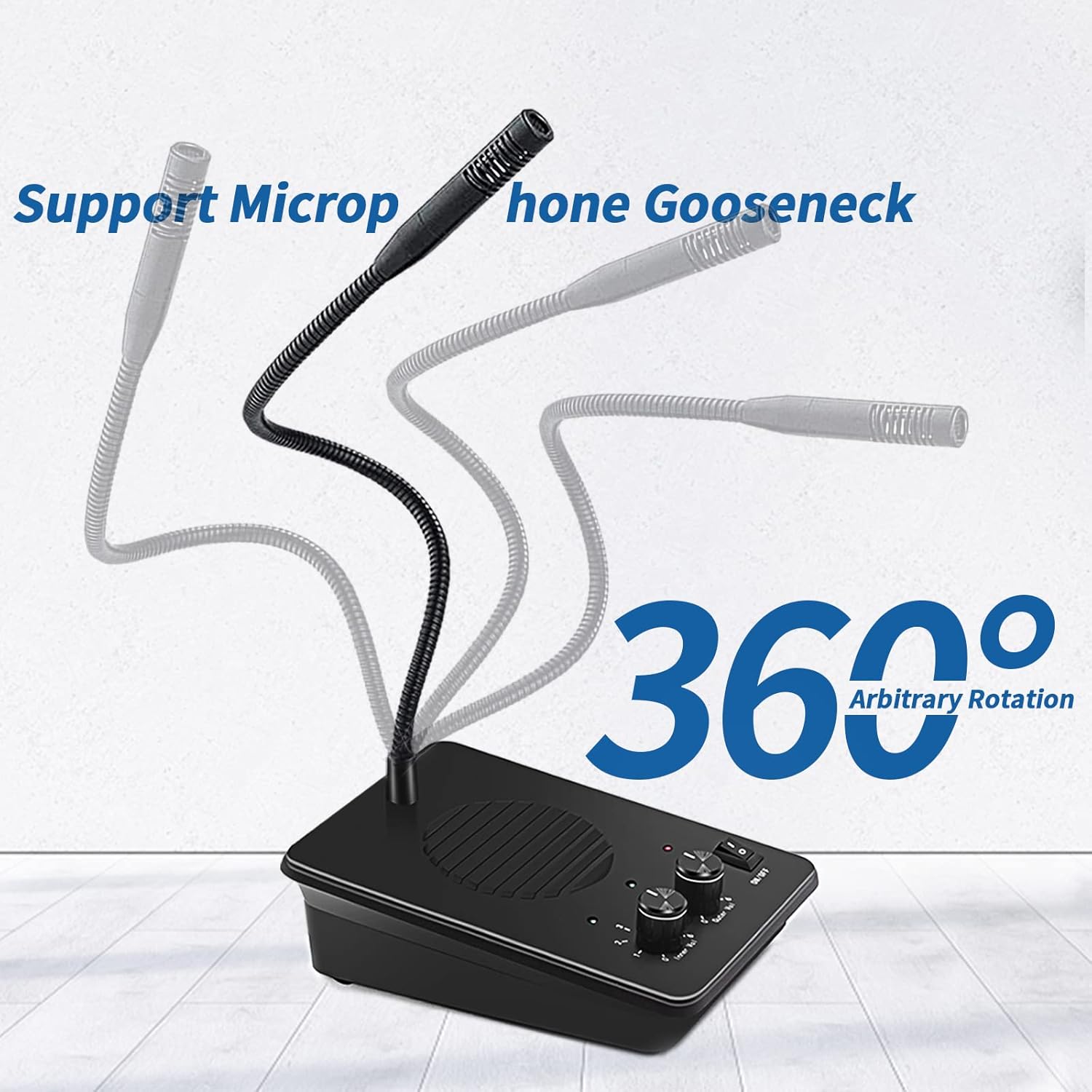 The gooseneck microphone of the intercom unit demonstrating its 360-degree arbitrary rotation capability.