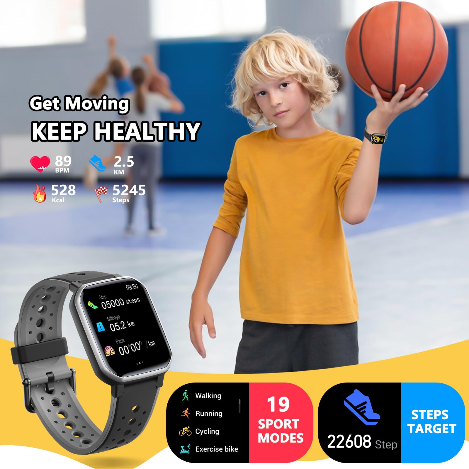 JOYELE Smart Watch for Kids Teens, Smartwatch Orolorio Bambino Bambina, Orologio Fitness Smart Watch 19 Modalità Sportive, Monitoraggio Sonno/Frequenza Cardiaca, Fitness Tracker per Android iOS (Nero)