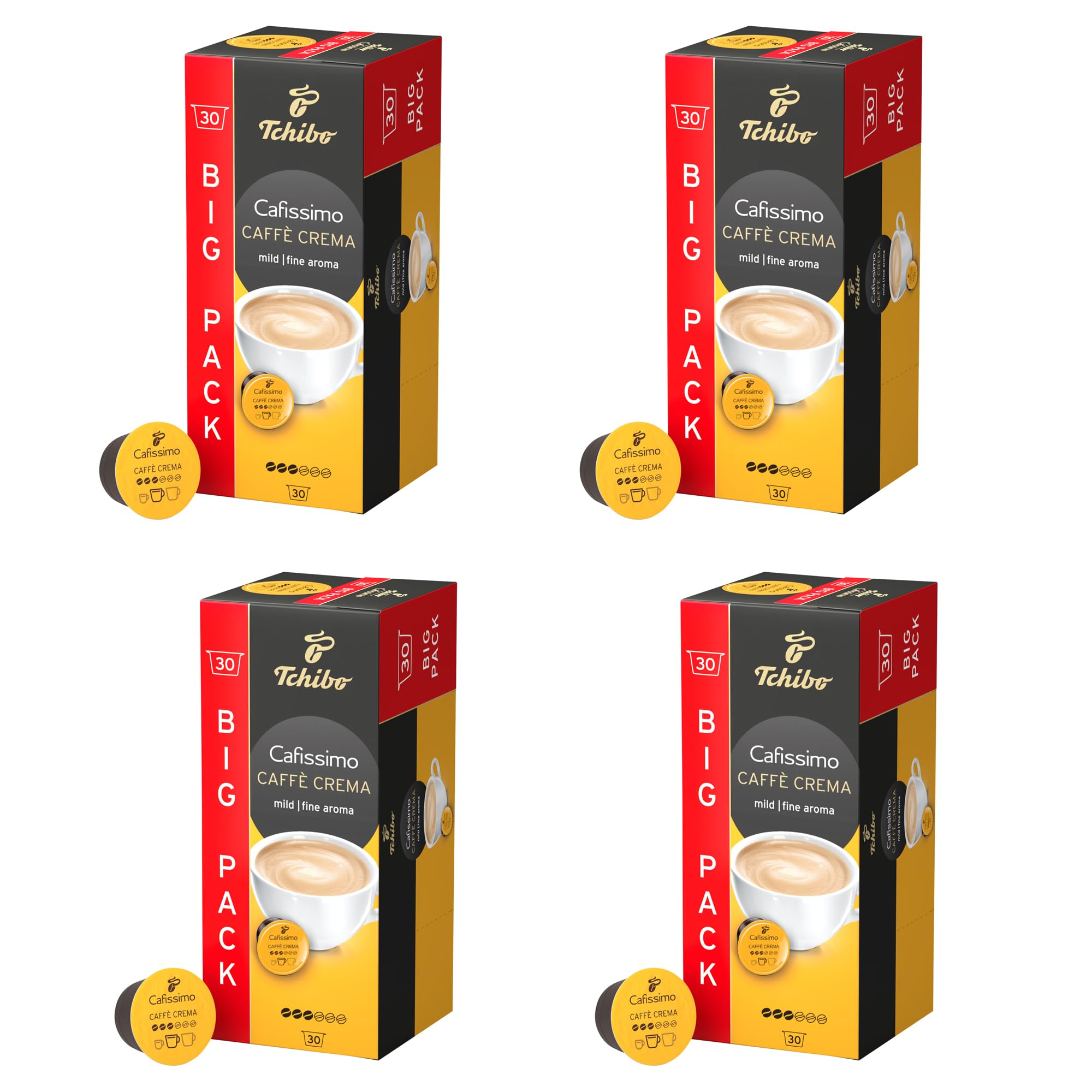 Tchibo Cafissimo Vorratsbox Caffè Crema mild Kaffeekapseln, 120 Stück – 4x 30 Kapseln (Kaffee, mild mit sanftem Aroma), nachhaltig & fair gehandelt