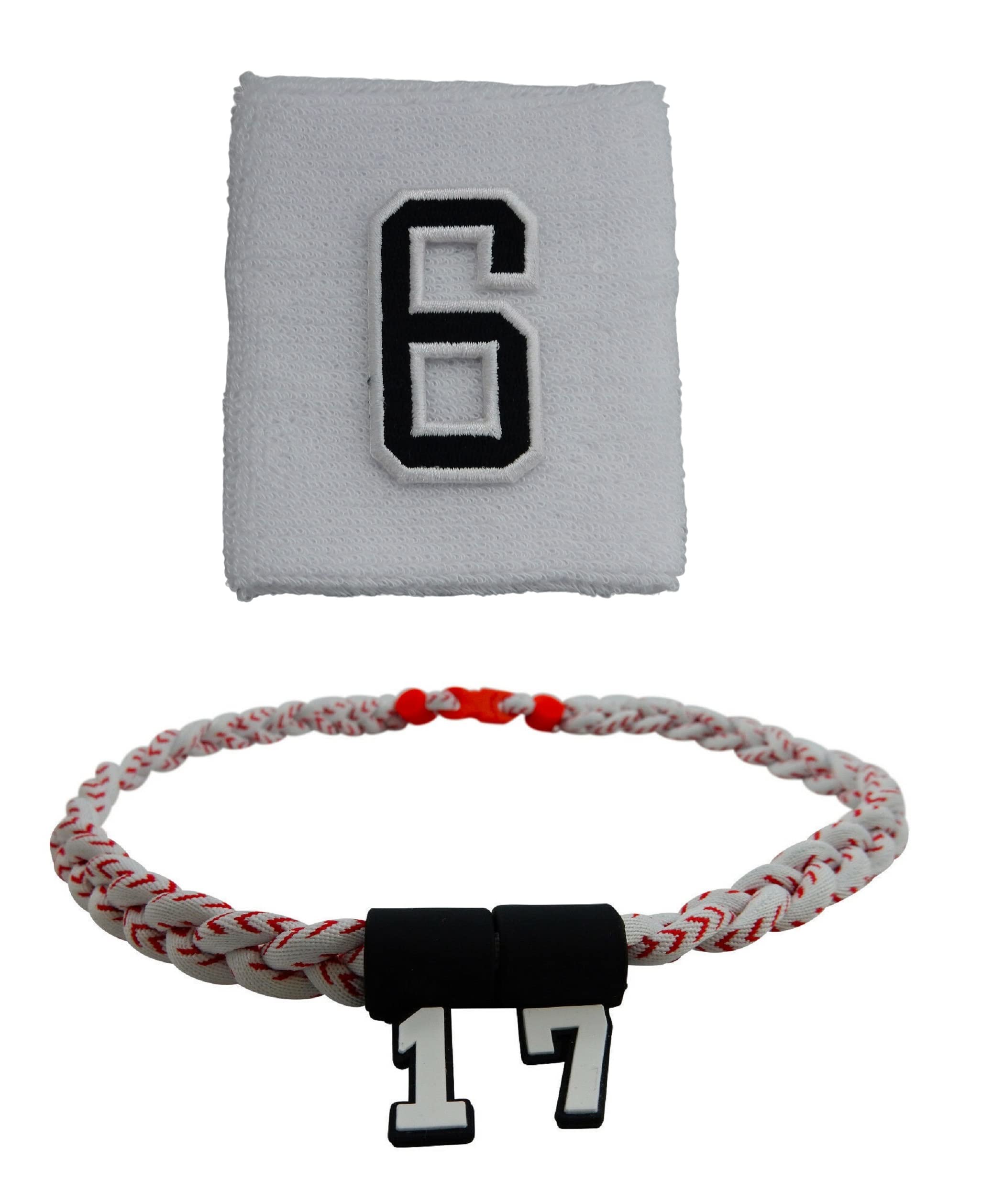 Sports Farm - Customized Sport Wristband and Necklace Combo Set with Jersey Number - White (Baseball Stitch)