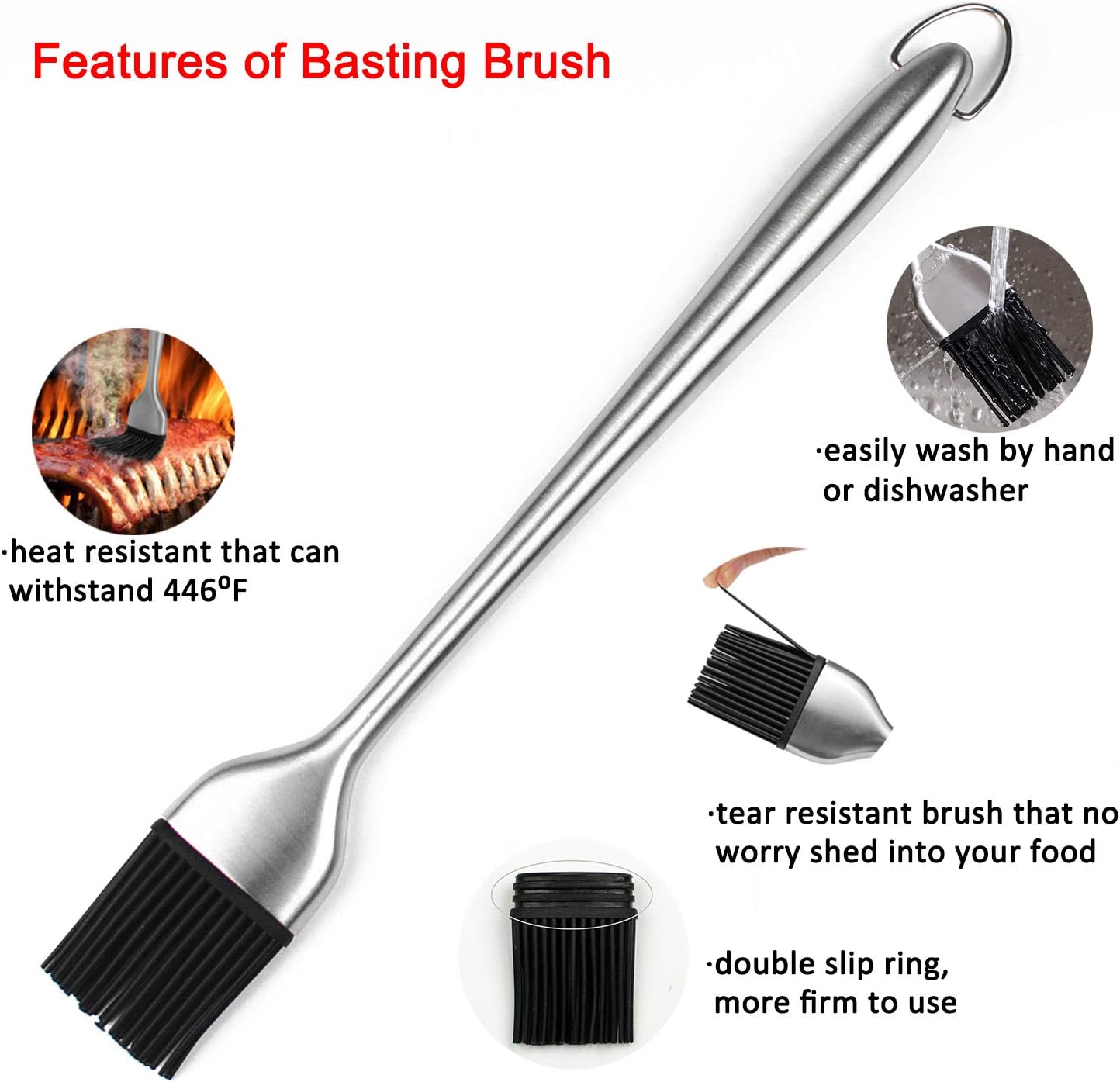 CloceanBrand Basting Brush for Cooking and Grill,BBQ and Pastry Brush for Baking,12 Inch Stainless Steel with 1 Back up Silicone Basting Brush Head(Red),Ideal Cooking Brush for Sauce : Patio, Lawn & Garden