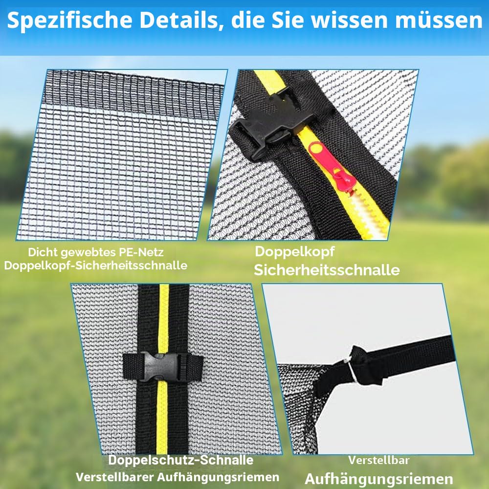 Trampolin Netz 305 6 Stangen, Trampolin Sicherheitsnetz für Gartentrampoline, Ersatznetz Tampolin innenliegend Netz mit Reißverschluss und Schnallen, Netzhöhe 180 cm