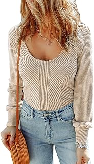 Top con Cuello en U para Mujer, Jersey de Punto con Rayas de Color, Corte Entallado Informal para Uso Diario para Dama (M)