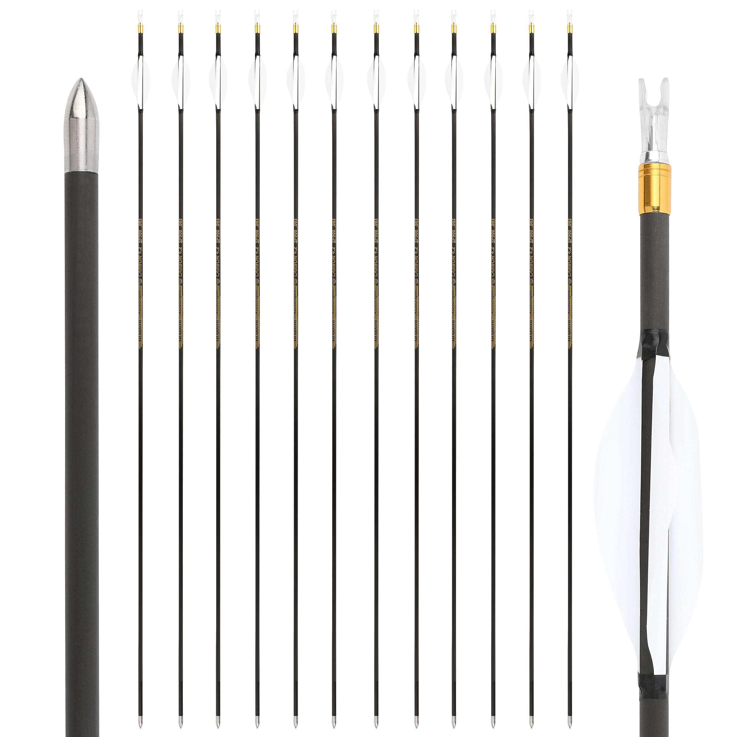 wolfman 31 Inch Archery Pure Carbon Arrows Spine 700-1000 Competition Arrow Compound Arrow Recurve Arrow with 1.8" Revolve Feather Target Arrow for Recurve Bow Compound Bow (.003-SPINE1000, White)