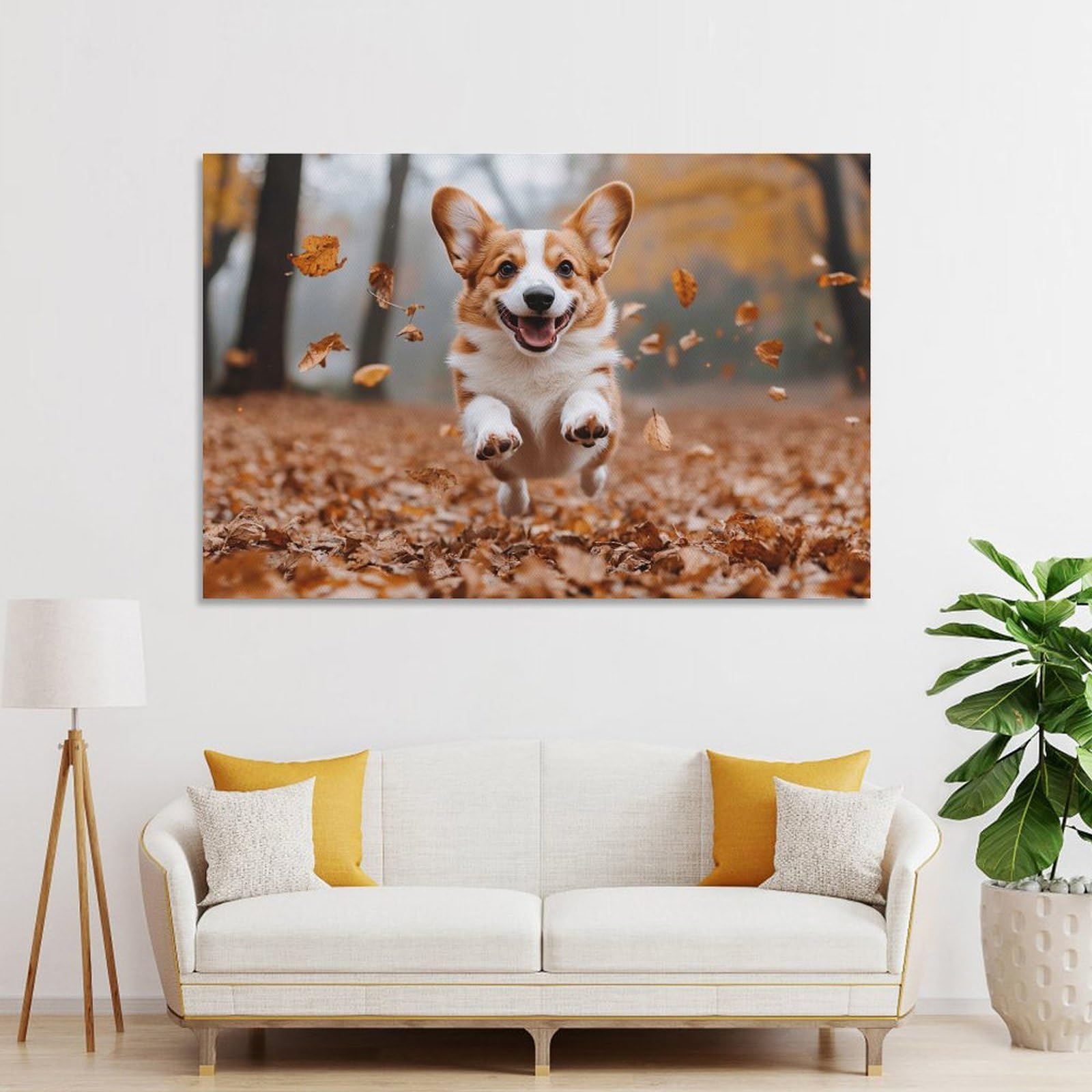 Junmoney Unframe-Style-20 Wall Art Print Happy Corgi Running In Autumn Leaves, 12X18inch(30X45cm), For Picture Wall Styling In Lounge Or Bedroom, Wall Decor Suited To Curated Displays