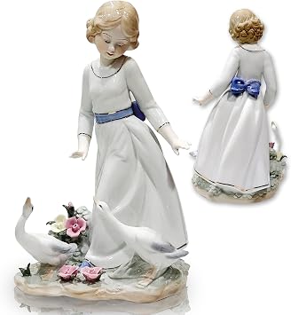 Ceramic Girl Figurines Goose Statues Cut Duck Sculpture, Lady Porcelain with Pet Flower Home Decor, Art Ware Figure Desktop Decorations, Collectible Girls Great Gift Crafts, Ornaments for Home Party