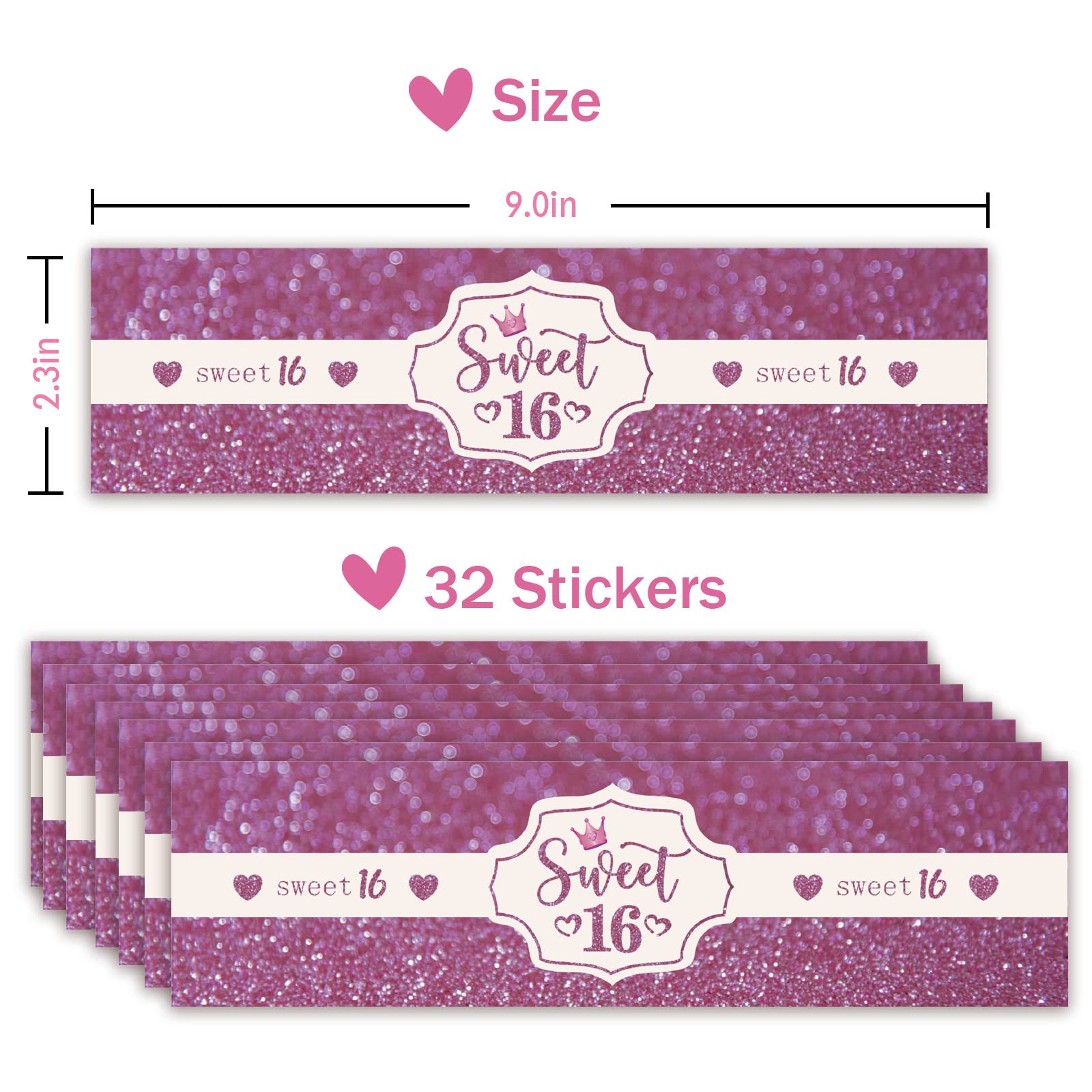 32 Pcs Sweet 16 Water Bottle Labels, Happy 16th Birthday Water Bottle Labels, Sweet Sixteen Party Bottle Wrappers, Cheers to 16 Years Old Party Decorations - Puprle