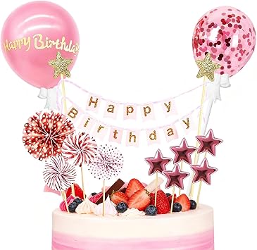 Happy Birthday Cake Topper, Rose Gold Glitter Birthday Cake Topper Kit, Cupcake Decorations, Star Paper Fan Confetti Balloon 12pcs Romantic Cupcake Topper for Girls Women Birthday Decorations