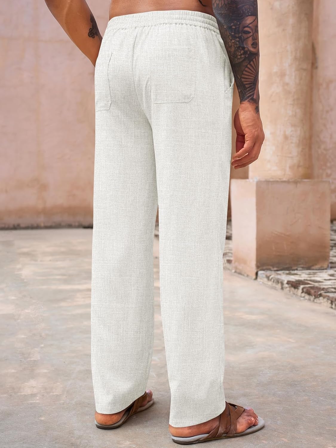 Runcati Mens Casual Pants Drawstring Elastic Waist Lightweight Linen Pants Loose Fit Straight Legs Beach Trousers - Image 3