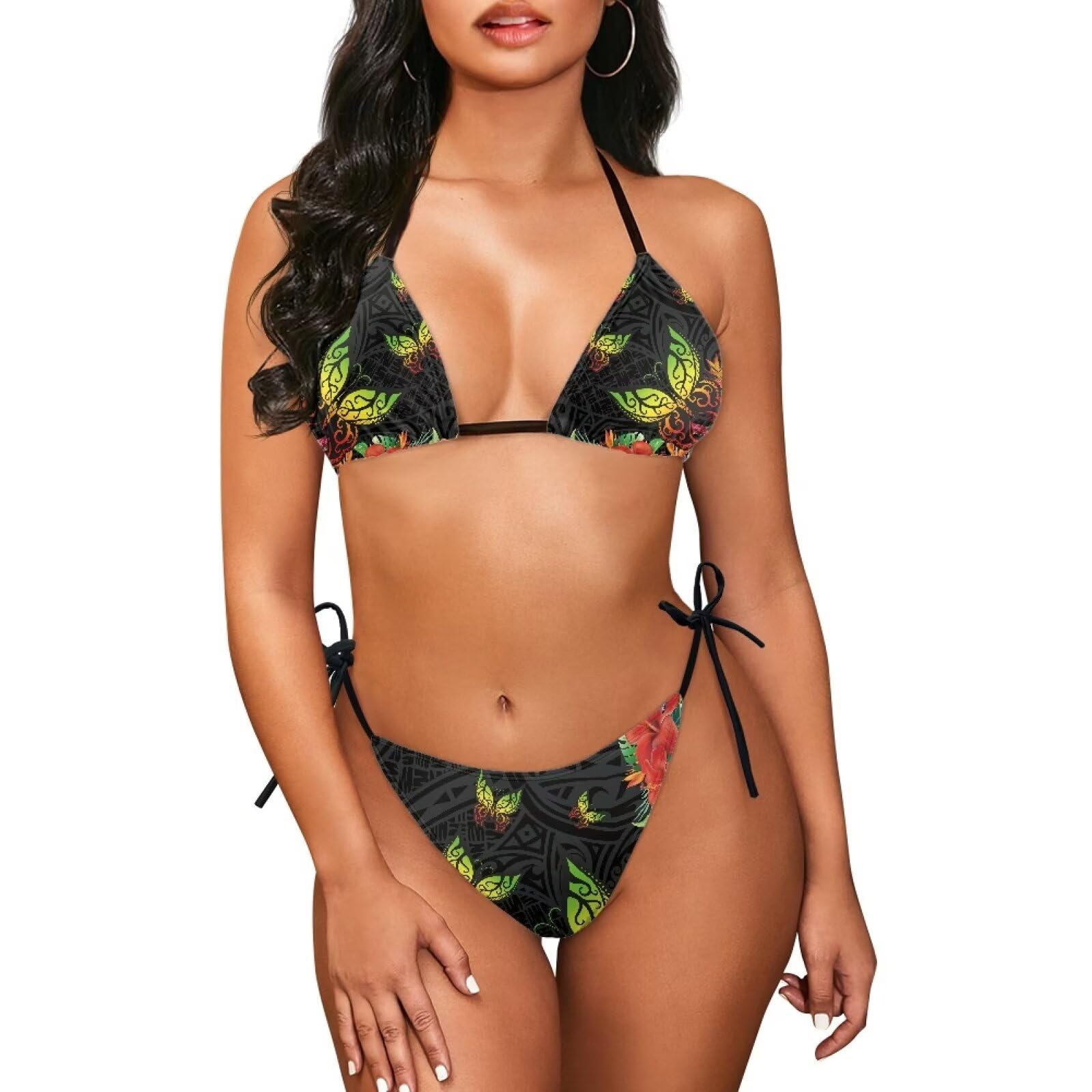 Bikini Sets for Women Bathing Suit for Women 2 Piece Bikini Polynesian Style Print Triangle Halter Top Bikini