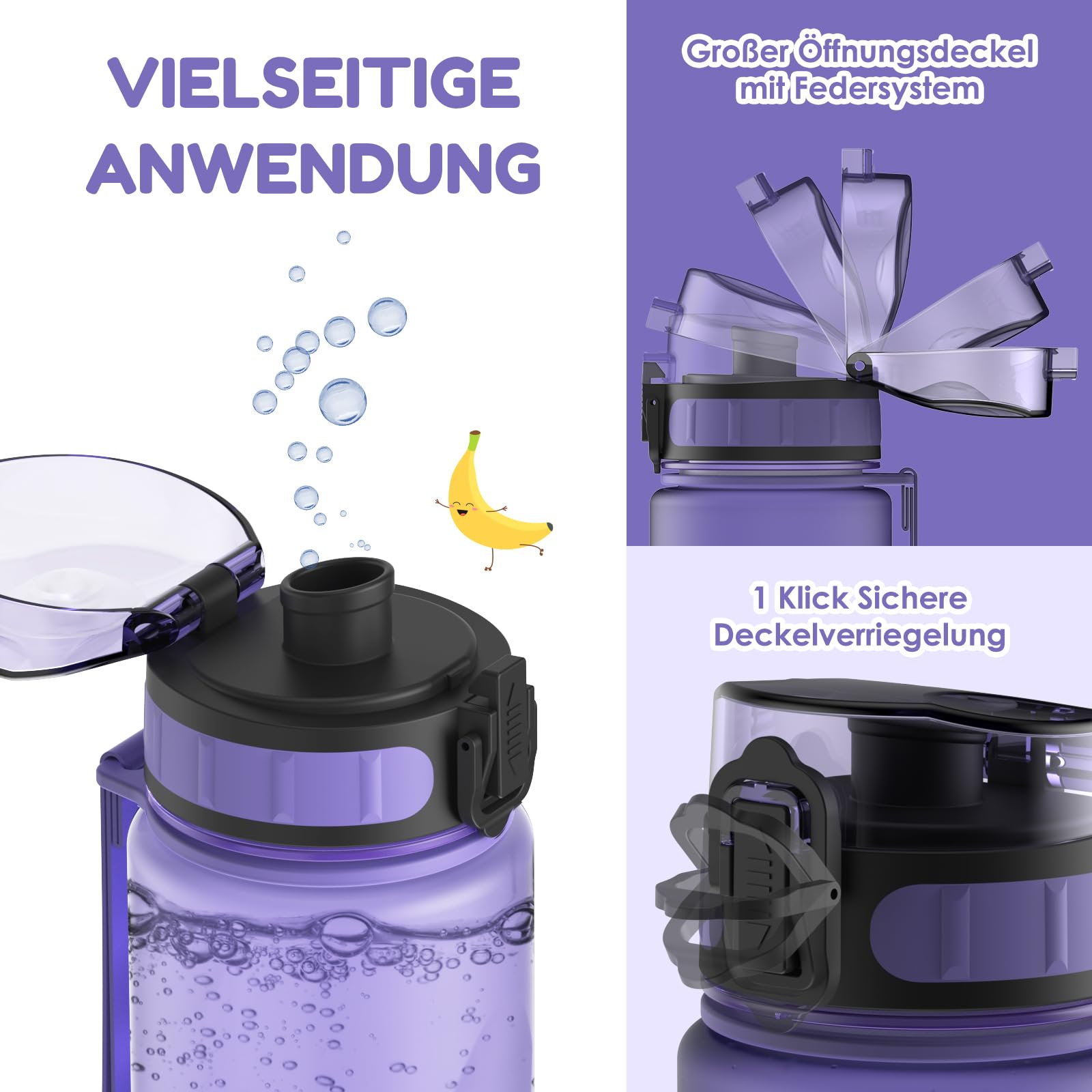 Luyiilo Botella infantil a prueba de fugas, 500 ml, apta para bebidas carbonatadas, sin BPA, botella con inserto de frutas y pegatinas, perfecta para guardería, escuela (morado)