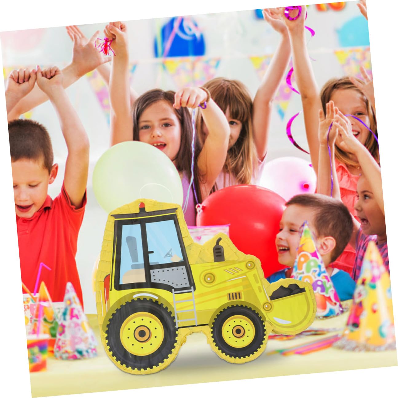 Piñata de Excavadora Amarilla de Papel Brillante para Fiesta Infantil, 2 Piezas Bate para Cumpleaños y Juegos Temáticos de Construcción