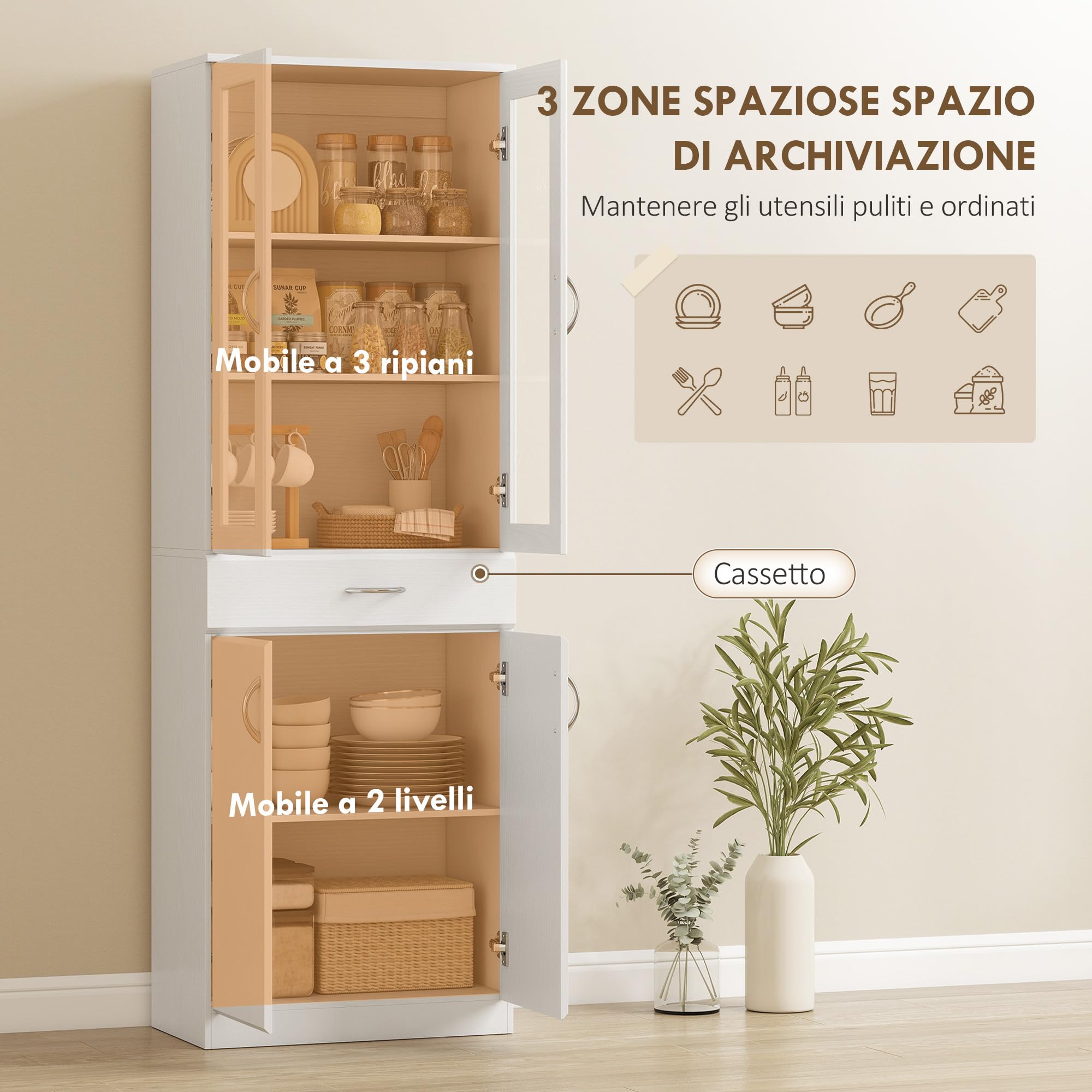 HOMCOM Credenza Cucina Alta 180cm, Mobile Dispensa con Ante in Vetro Soft-Close, Cassetto, 2 Armadietti, Ripiani Regolabili, Mobile Cucina Moderno per Sala da Pranzo Soggiorno, Bianco