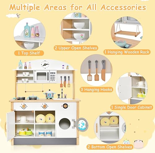Miniatura 5 de HONEY JOY Juego de cocina para niños, cocina de madera para niños pequeños, microondas, lavadora, fregadero, 15 accesorios de cocina, juego de