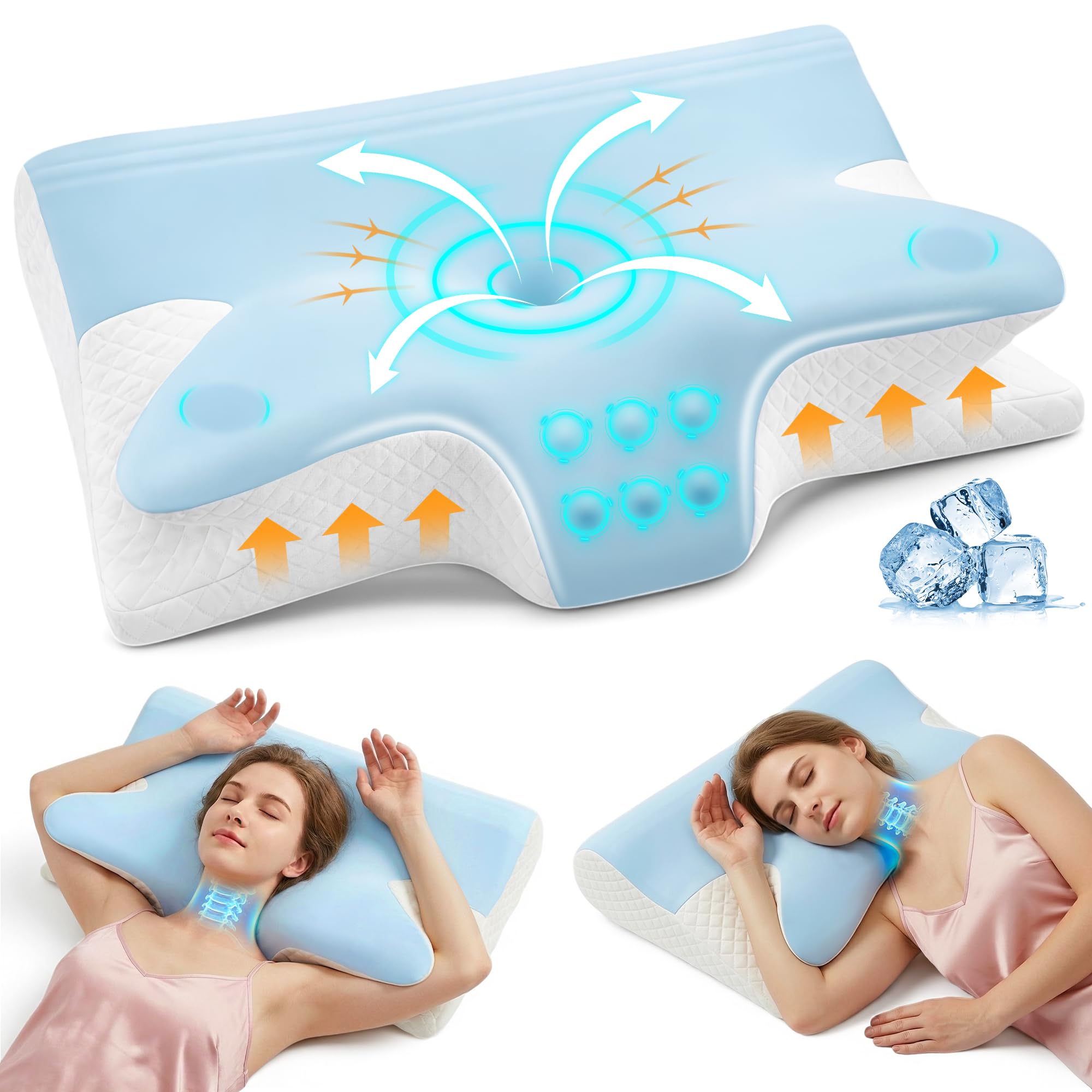 Almohada Cervicales y Cuello 2 en 1, Almohada Ergonómica, Almohada Ortopedica Cervical para Soporte de Hombro/Cuello/Cabeza de Lado, Espalda y Estómago 60x43x14/12cm Azul