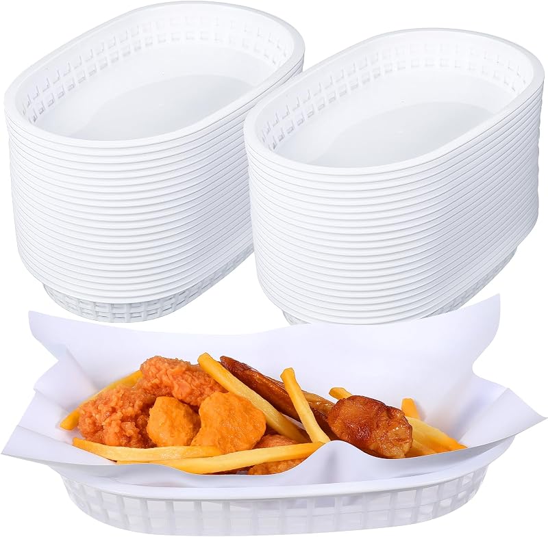 Hsei 50 Pack Fast Food Baskets 10.5 x 7 Inch Oval Fry Basket Plastic Food Serving Trays White Chip Basket Reusable Bread Baskets for Restaurant Supplies Hot Dog Deli Serving Chicken Fries Burgers
