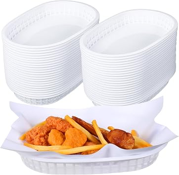 Hsei 50 Pack Fast Food Baskets 10.5 x 7 Inch Oval Fry Basket Plastic Food Serving Trays White Chip Basket Reusable Bread Baskets for Restaurant Supplies Hot Dog Deli Serving Chicken Fries Burgers