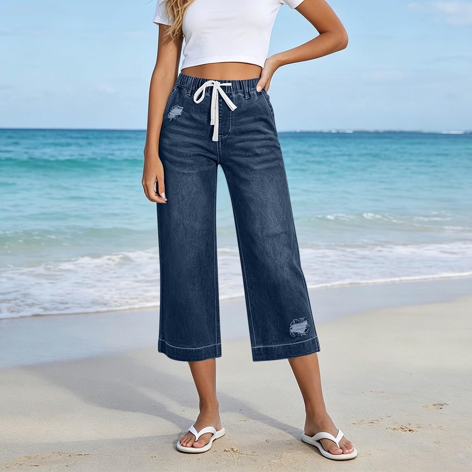 Capri Jeans for Women 2026 Casual Summer Drawstring Elastic Waist Straight Wide Leg Jeans Pant Stretch Denim Pants