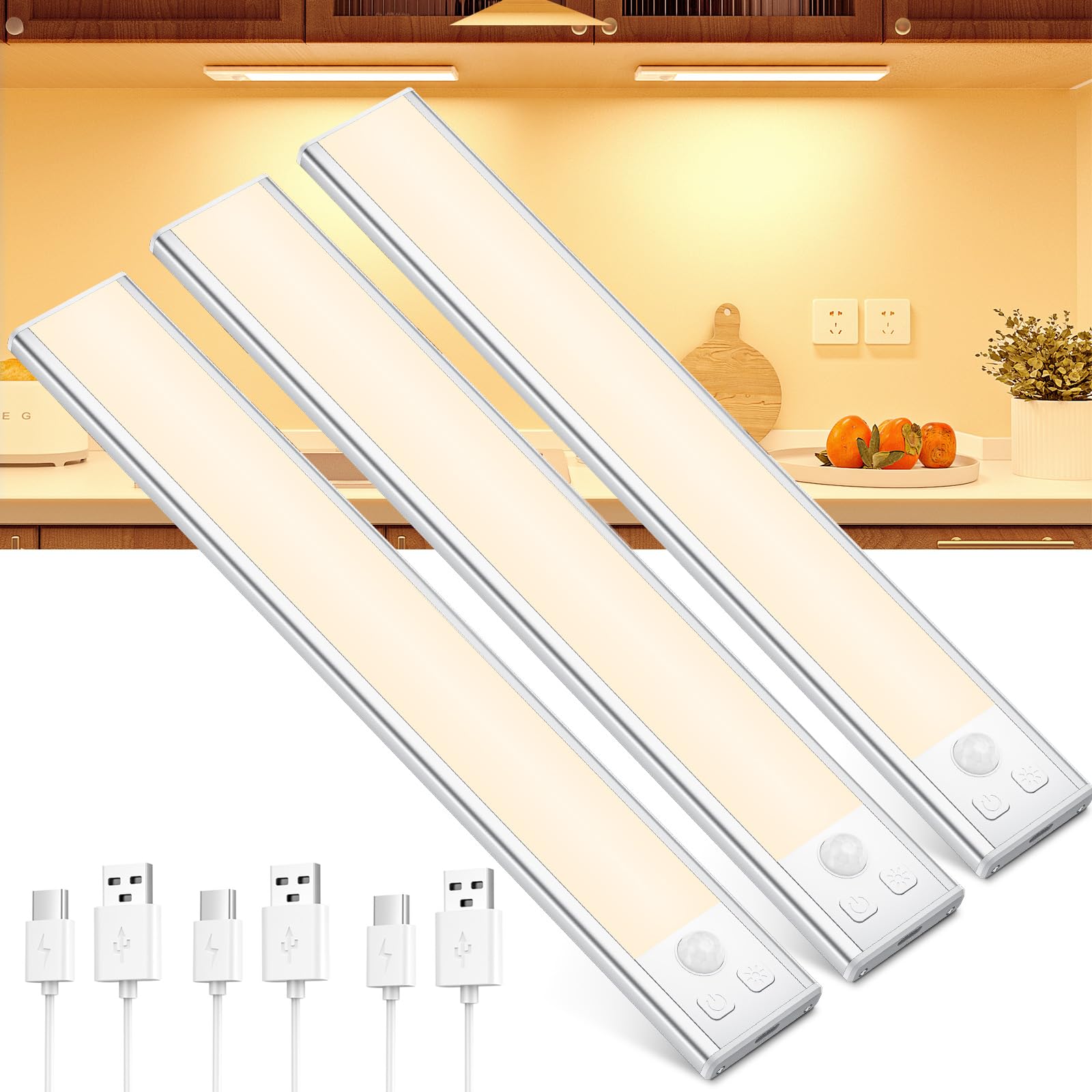 OUILA Schrankbeleuchtung LED mit Bewegungsmelder 41CM Unterbauleuchte Küche LED USB-C wiederaufladbar LED-Licht Dimmbar kabellos Nachtlicht für Küche Kleiderschrank Schrank