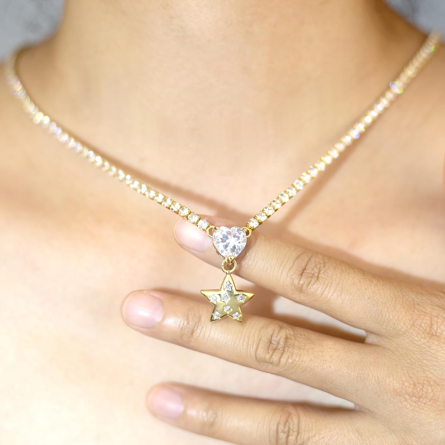 Gold Necklace for Women Star Cubic Zirconia Pendant Dainty 14K Gold Plated Heart Pendant Necklace Adjustable Length CZ Necklace for Women, Fashion Jewelry - Image 2