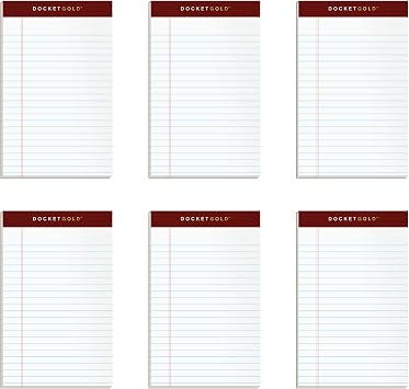TOPS Docket Gold Writing Pads, 5" x 8", Jr. Legal Rule, 50 Sheets, 6 pack 99705, White