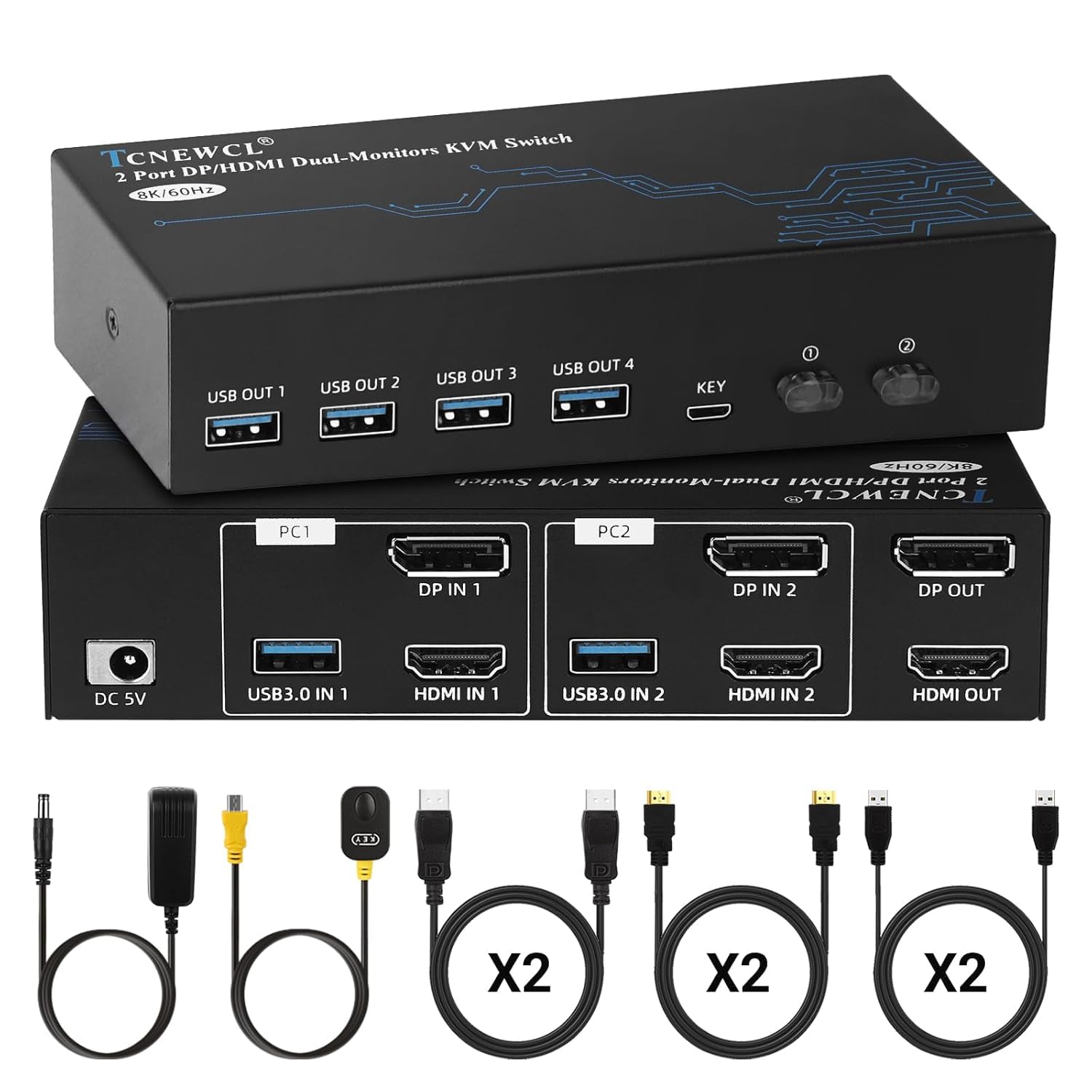 TCNEWCL HDMI Displayport KVM Switch 2 PC 2 Monitor, 8K 60Hz 4K 120Hz, USB 3.0 e Dual Monitor, Support Extended & Copy Mode, con 2 Cavi HDMI+DP+USB e Controller Desktop