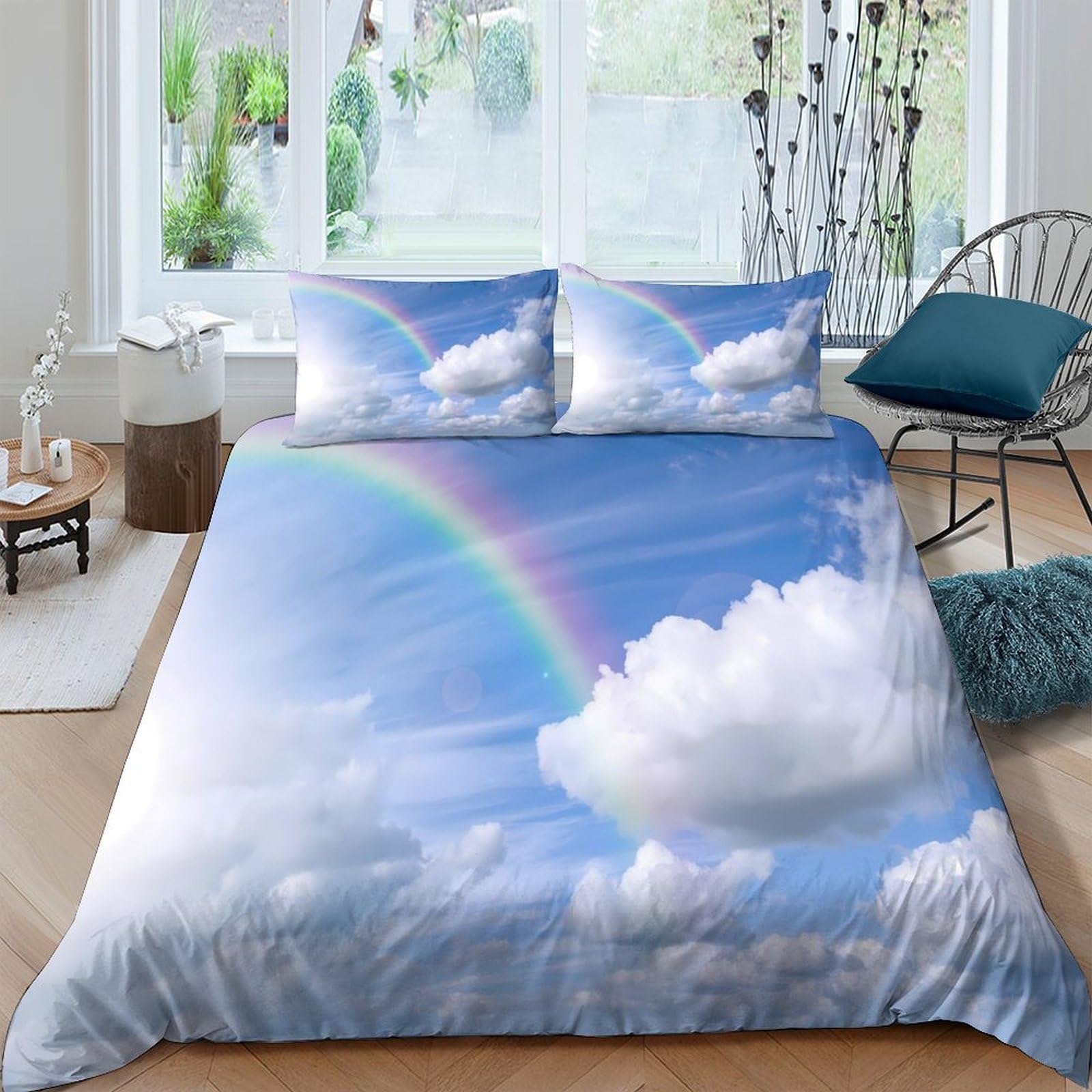 Ctjqhvkz Style-9 3D Printed Rainbow Sky Fitted Sheet Microfiber Soft Clouds Bed Cover For Bedroom Guest Room Easy Care Decor Single（135X200cm）