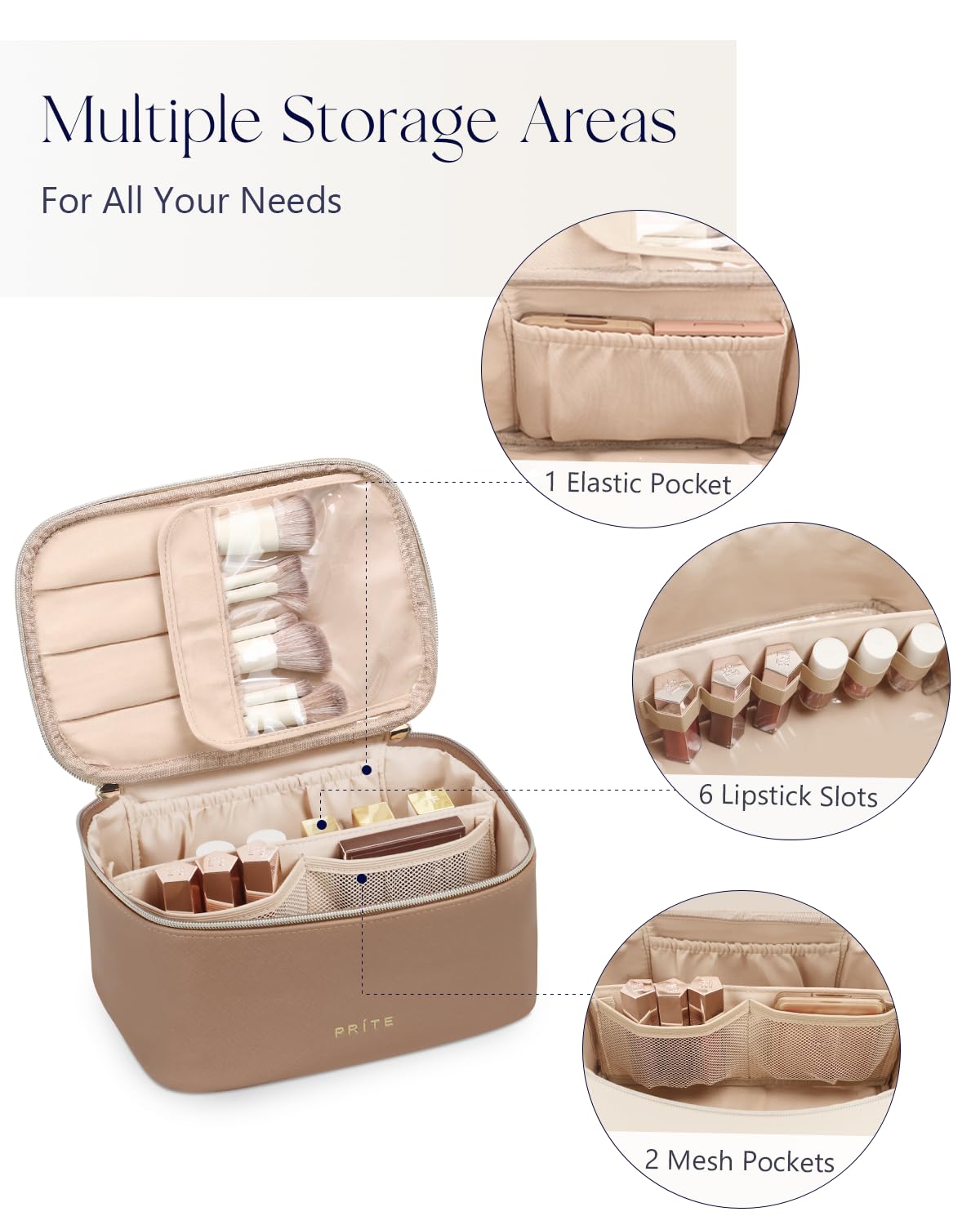 Prite Large Makeup Bag for Women Travel Cosmetic Case Waterproof PU Leather Toiletry Bag Portable Make Up Organiser with Handle and Removable Divider (Brown) - Image 3