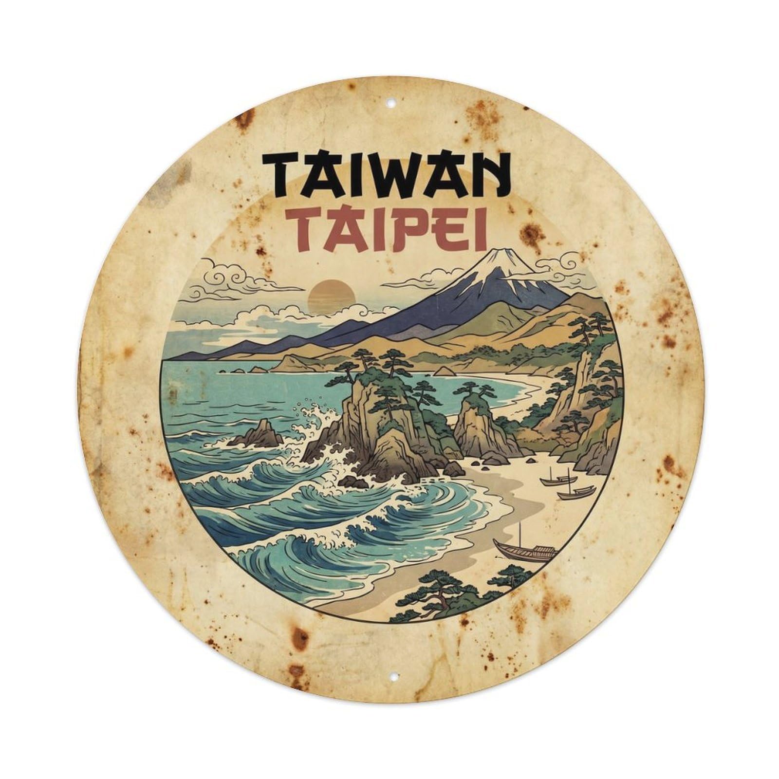 Odgynaw 8X8inch(20X20cm) Taiwan Taipei Coastal Travel Ink Illustration Metal Tin Sign