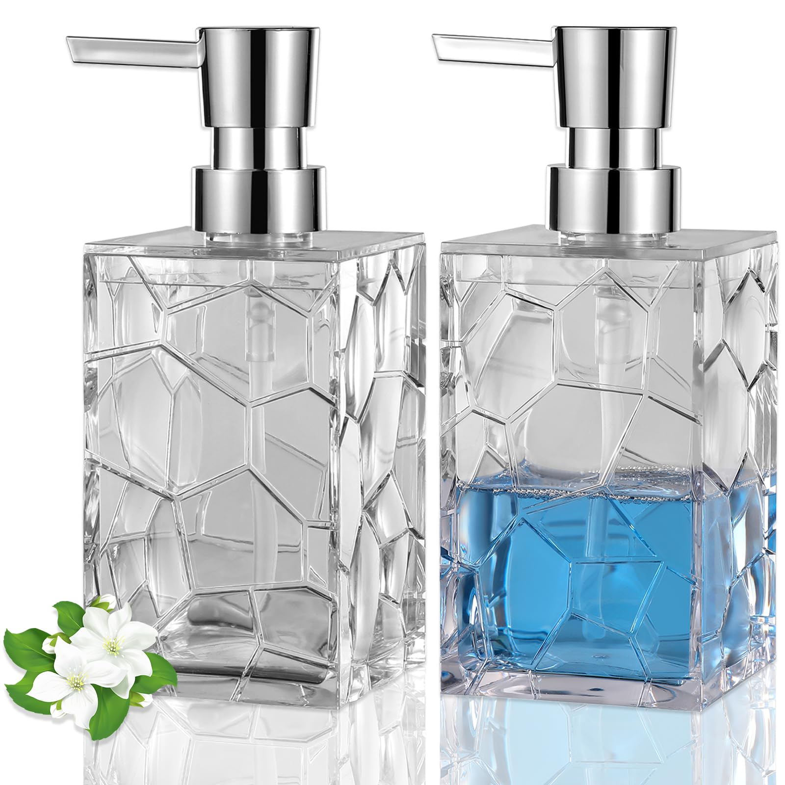 Hand Soap Dispenser, Clear Acrylic Plastic Liquid Pump Bottles Refillable Lotion Dispenser for Bathroom Decor Kitchen College Dorm, 2 Pack