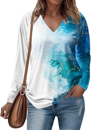 Long Sleeve Shirts for Women Fall V-Neck Pullover Tees Blouse Loose Casual Sweatshirts Printed Long Sleeve Tunics Tops