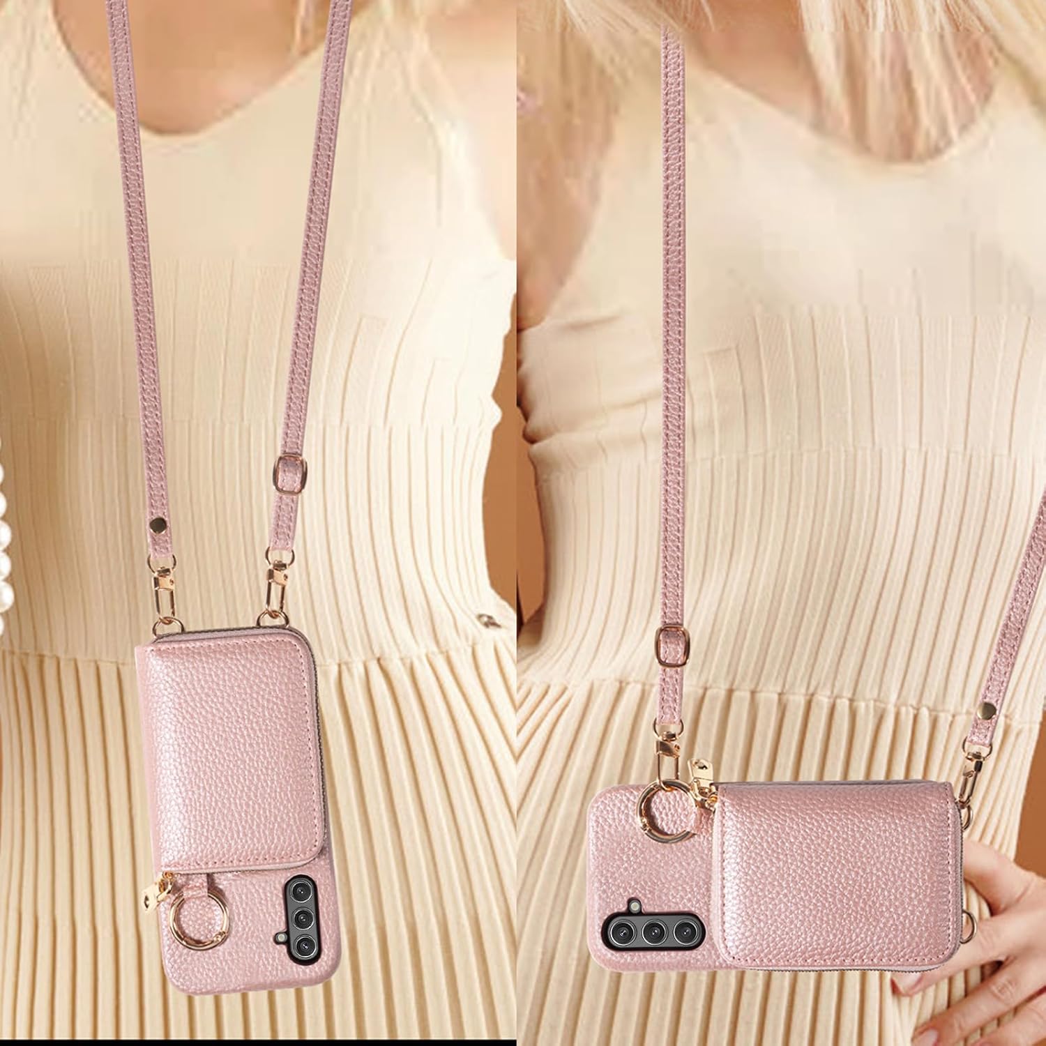 Wallet Case for Samsung Galaxy A26 5G with Shoulder Strap Ring Buckle, Luxury PU Leather Zipper Flip Organ Purse, Credit Card Holder Stand Full Body Cell Phone Cover for A 26 26A LTE Rose Gold