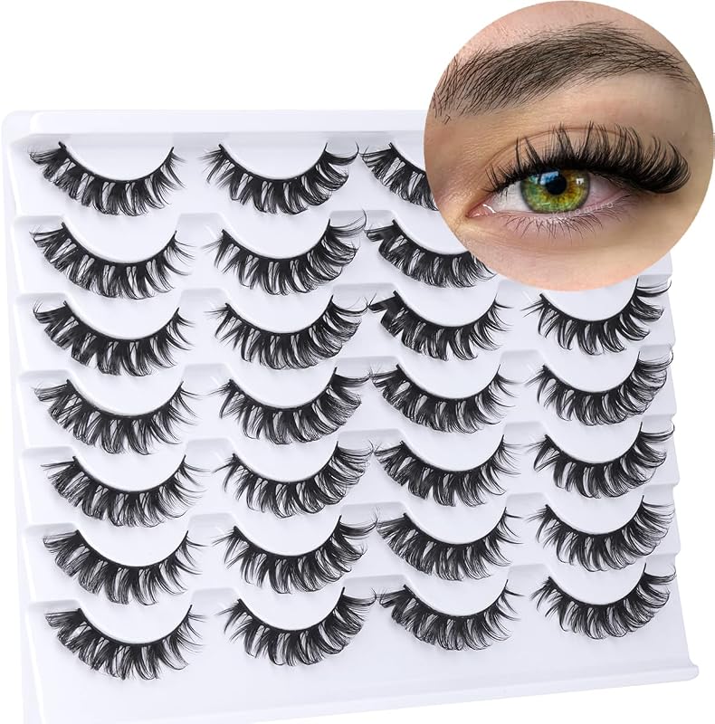 Fake Eyelashes Wispy Faux Mink Lashes D Curly 3D Volume False Lashes Russian Strip Lashes Pack, 14 Pairs