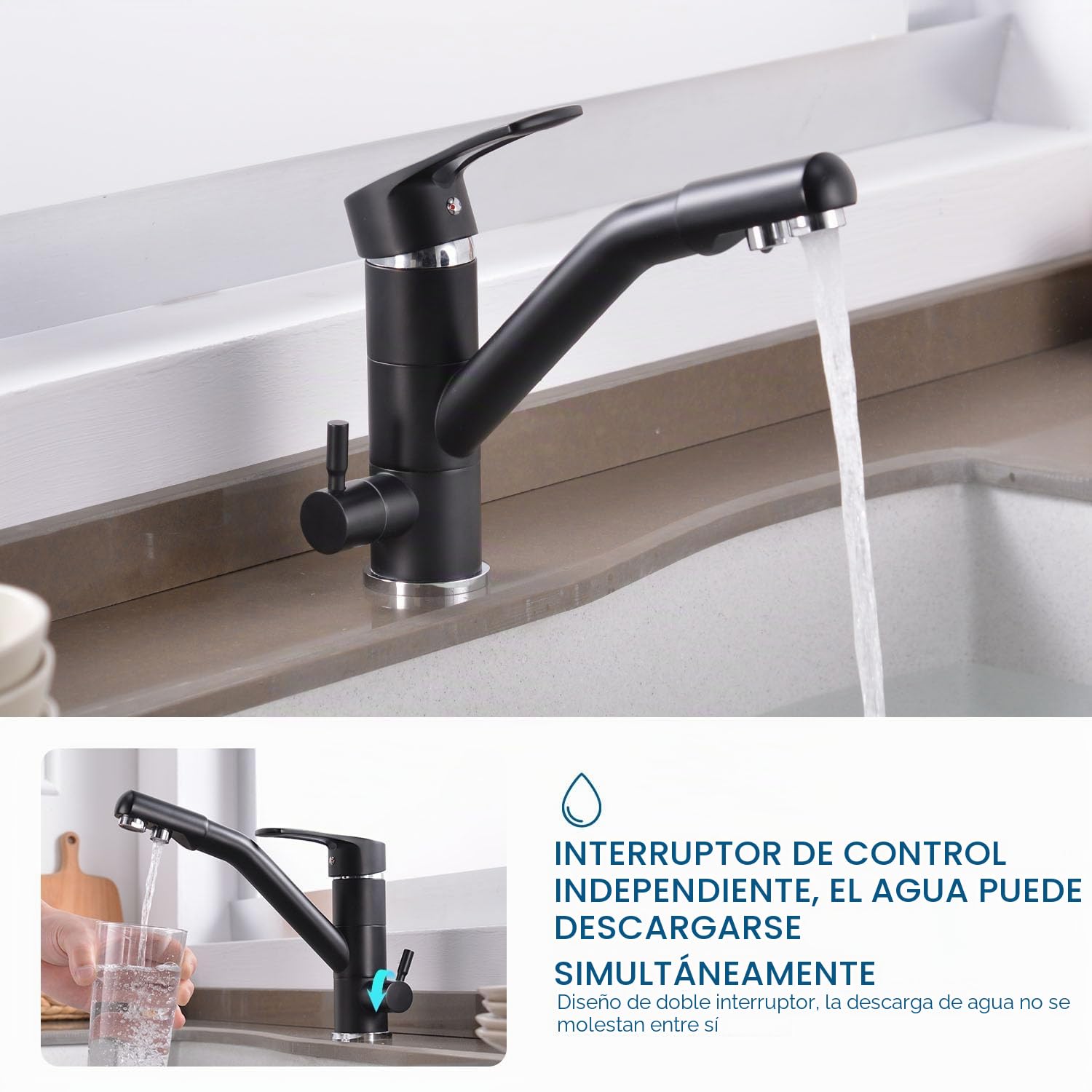Grifo de cocina de 3 vías, grifo de cocina giratorio 360°, grifo de fregadero con caño flexible, G3/8 pulgadas (grifo de triple conexión con filtro de agua, negro)