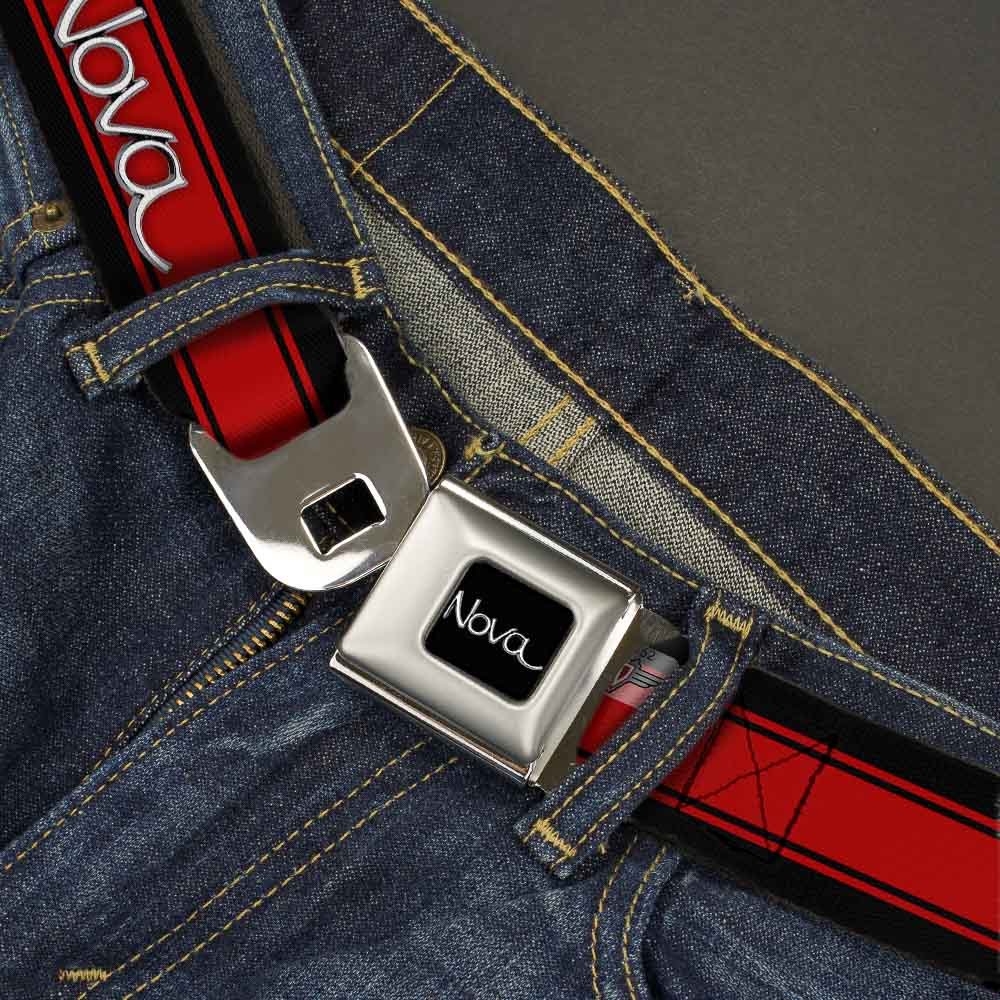 GM General Motors Belt, Seatbelt Buckle Belt, 1968 72 Nova Script Emblem Stripe Black Red Silver, 44 to 63 Inches