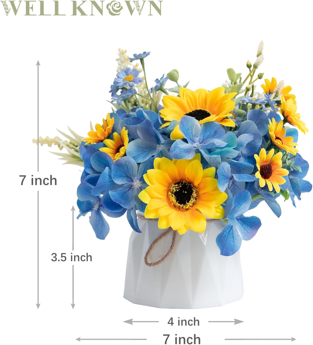WELL KNOWN Small Fake Flowers in Plastic Vase 7" Centerpieces Coffee Table Decor, Silk Sunflower Arrangement for Home Decor Artificial Flower Bouquet for Dining Room Kitchen Wedding Summer Yellow Blue