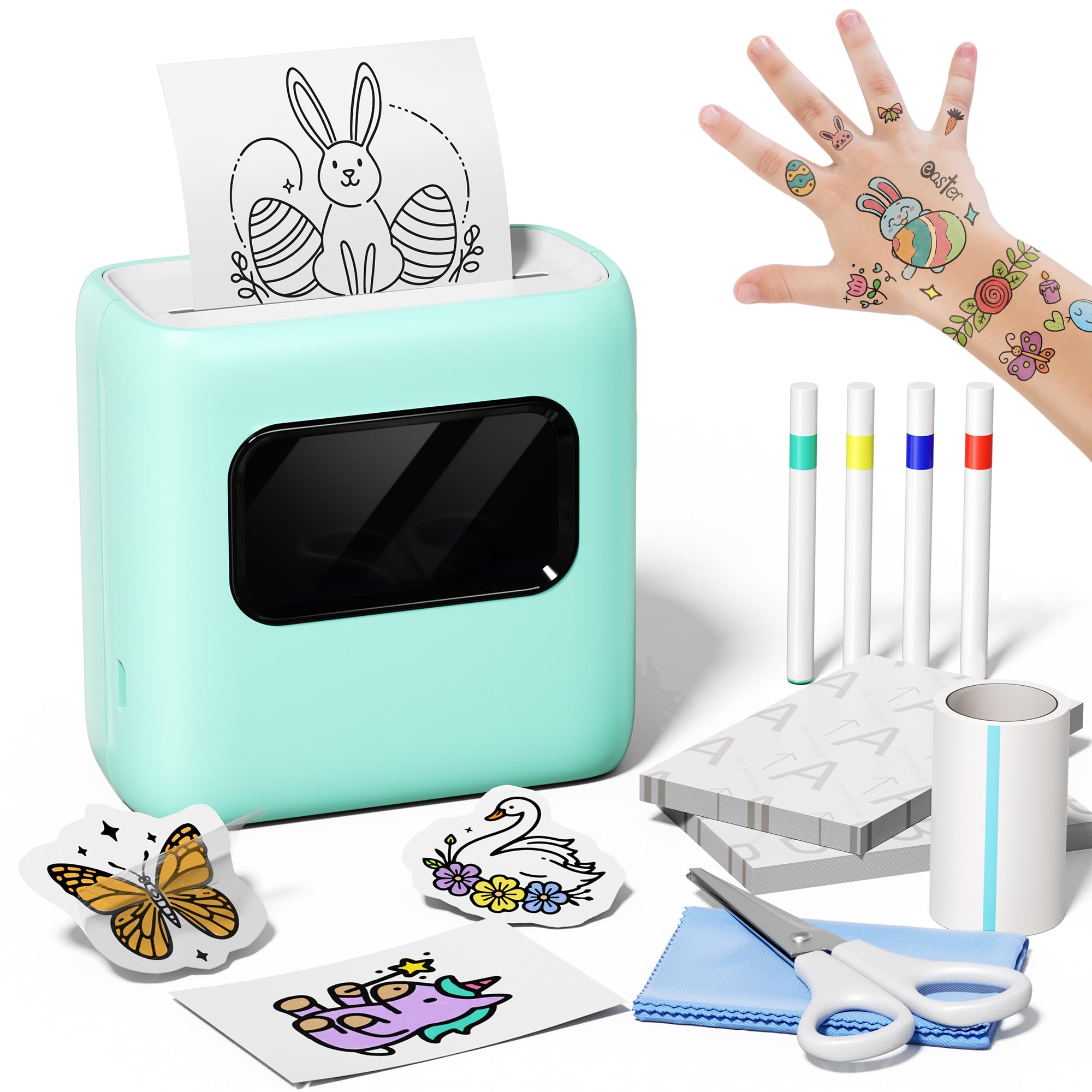 TATTMUSE Stampante Tatuaggi per Bambini, Crea Tatuaggi Temporanei Personalizzati con 40 fogli per Tattoo e 4 Pennarelli, Kit Tatuaggi per Bambini Per Attività Fai da te, Feste e Regali Creativi