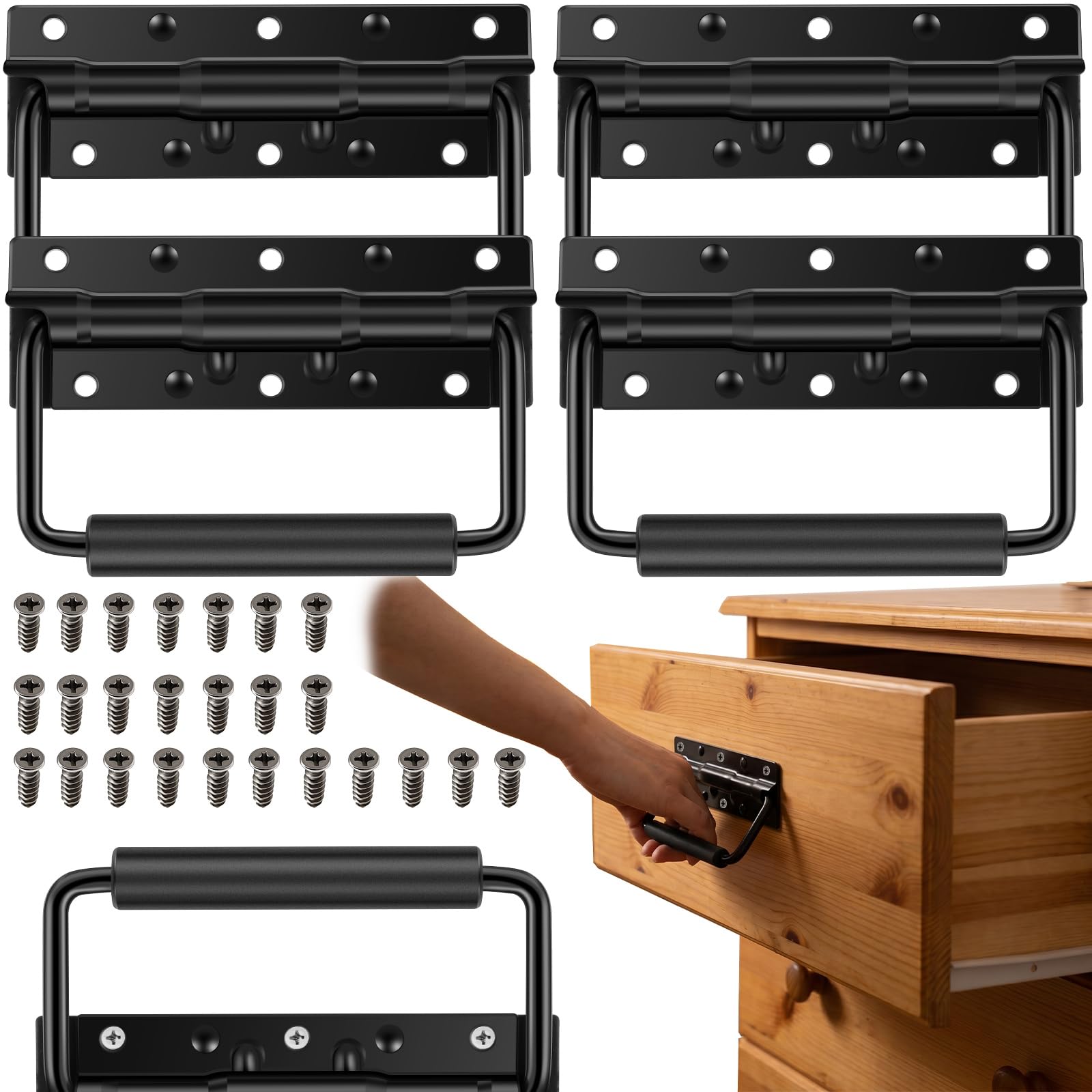Lulobtg Black 4-Pack Spring Loaded Chest Handles, Heavy Duty Carbon Steel Folding Metal Box Handles With Rubber Grip, Surface Mount Pull Ring Handle Replacement For Flight Cases, Toolboxes, And Wooden Crates
