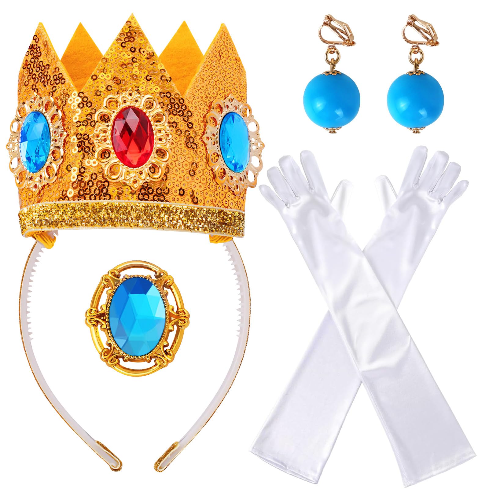 Princess Costume Accessories, 4 PCS Set of Princess Crown/Earrings/Gloves/Brooch Dress up for Women Girls