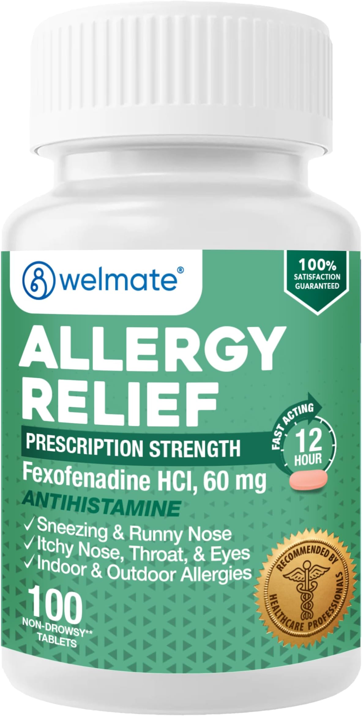 - Fexofenadine Hydrochloride 60mg (100 Tablets) - Non Drowsy Allergy Medicine - 12 Hours - Antihistamine - Nose, Eyes, Throat - Generic Allergy Pills - Gluten Free, Over-the-Counter Medication