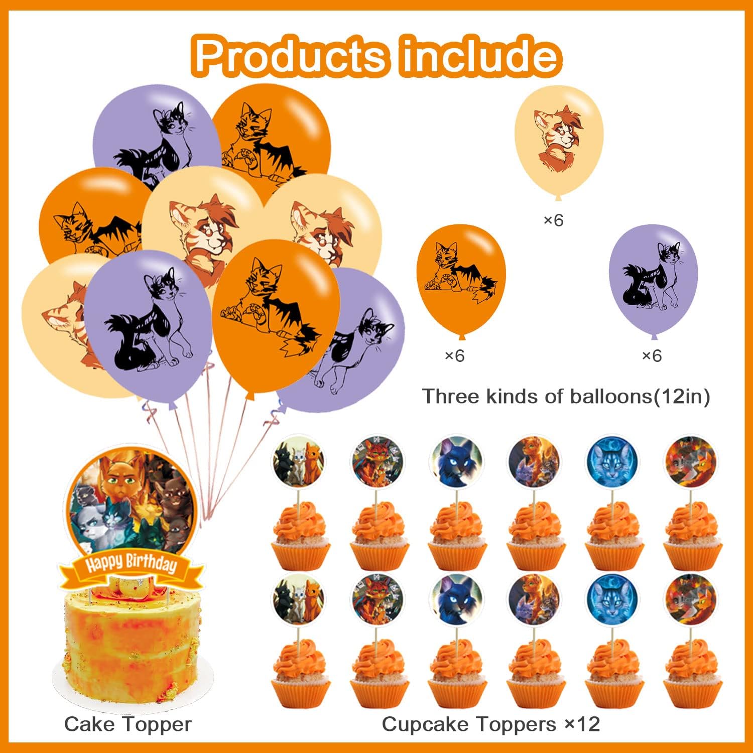 Warriors Cats Party Decorations, Cartoon Cat Theme Birthday Party Supplies Include Happy Birthday Banner, Balloons, Cupcake Cake Topper s for Fans Adults Party Decorations