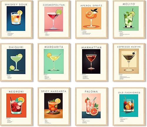 Póster de cóctel retro, arte para pared, juego de 12 impresiones de alcohol preparadas vibrantes y coloridas, imágenes minimalistas de alcohol para