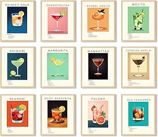 Retro Cocktail Poster Bar Wall Art, Classic Cocktail Wall Decor Set of 12 Vibrant Colorful Preppy Alcohol Prints, Minimalist Alcohol Pictures for College Apartment Wall Decor (8x10 Inches Unframed)